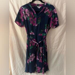 Nanette Lepore Blue and Pink Floral Midi Dress attached slip size 10 belted